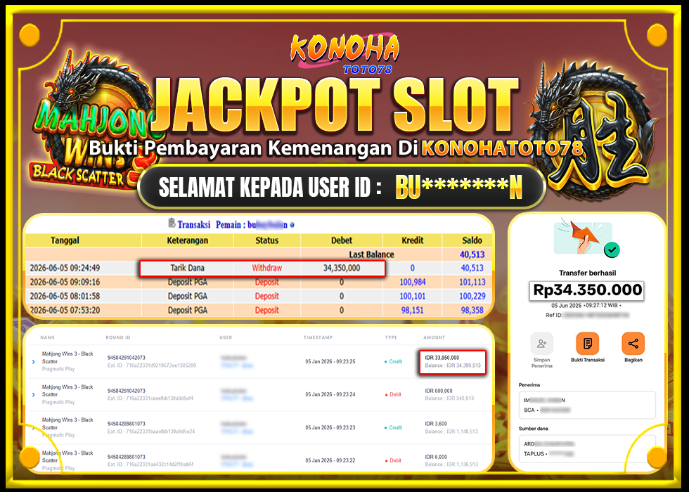 KONOHATOTO78 JACKPOT MAHJONG WINS 3 BLACK SCATTER Rp.Rp.34.350.000,- LUNAS